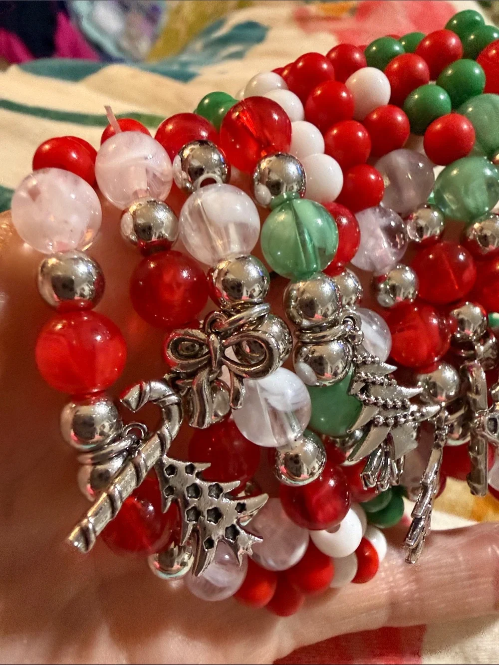 New Set of 10 Christmas Charm Beaded Stretch Bracelets Kids or small adult